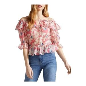 Ted Baker Women's 6 =US 14 Harina Ruffled Off Shoulder Pink Blue Elastic Top